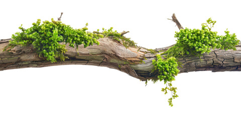 wooden tree limb with green fresh moss isolated on white or transparent png