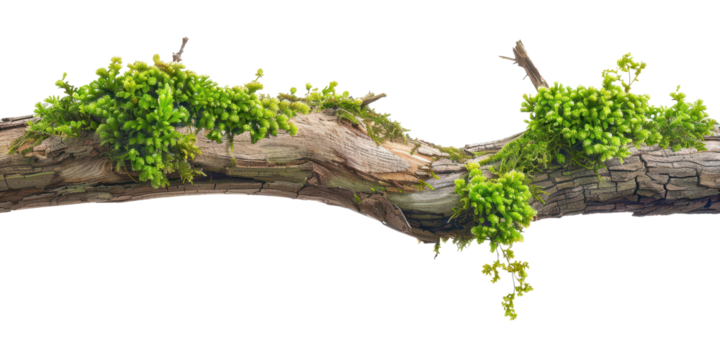 wooden tree limb with green fresh moss isolated on white or transparent png