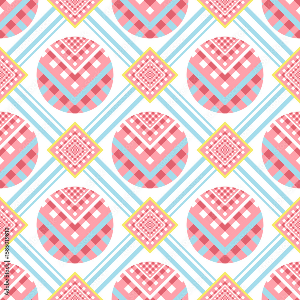 Poster geometric pattern design with pink and blue colors featuring circles and diamonds in a repeating sty