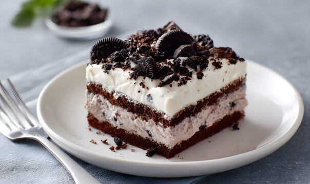 Oreo Bolt squares layered with chocolate and milk chocolate, and vanilla frosting, resembling an ice cream sundae.