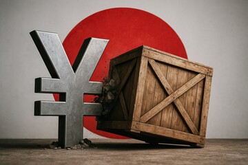 A tariff dispute can strain international trade relations. A wooden crate crashes into a metallic yen symbol in front of a red circle, symbolizing Japan"s economic challenges or trade impact.