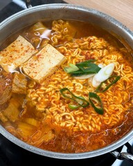 Shin Ramyun,close up of Ramyeon or Ramyun is a Korean-style soup noodle dish with a spicy flavor....