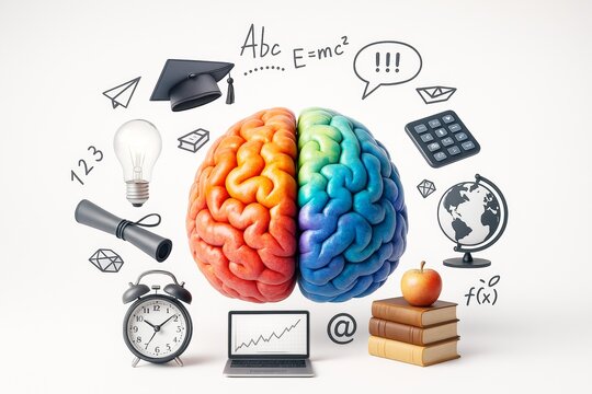 Colorful human brain with educational and scientific icons around symbolizing learning, creativity, and knowledge on white background. Ai generative. - Powered by Adobe