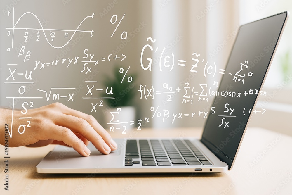 Poster person typing on laptop with floating mathematical formulas and equations on bright background, repr