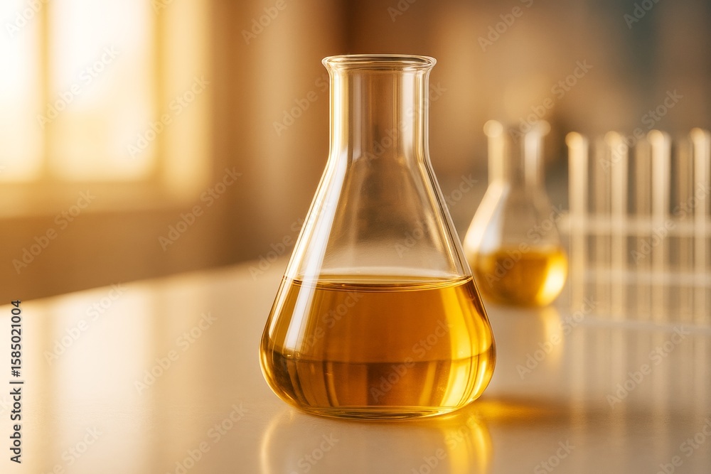 Poster laboratory glass flask filled with yellow liquid on a table in warm light setting, with science back