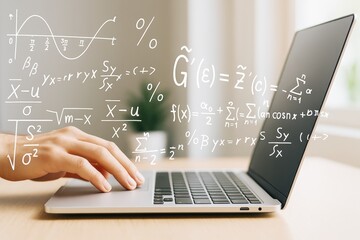 Person typing on laptop with floating mathematical formulas and equations on bright background, representing science and education concept.