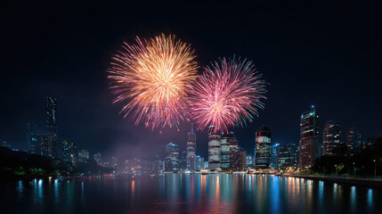 Fototapeta premium Spectacular fireworks display over sydney's skyline at night celebrating new year’s eve vibrant colorful show urban setting aerial view festive atmosphere