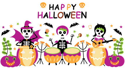 Fototapeta premium Cartoon skeletons playing drums and guitar for a halloween celebration with bats and pumpkins
