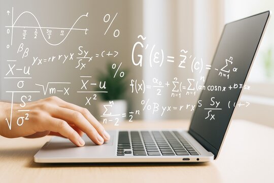 Person typing on laptop with floating mathematical formulas and equations on bright background, representing science and education concept.