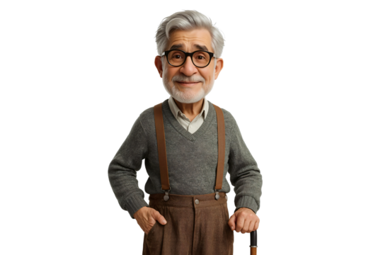 Smiling senior man, studio portrait, cartoonish style, white background, advertising