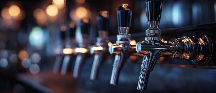 The row of elegant beer taps ready to serve refreshing beverages.