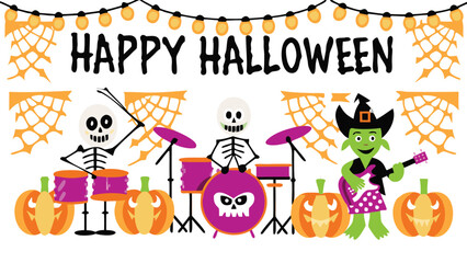 Fototapeta premium Happy halloween banner with skeletons playing drums and a witch playing guitar surrounded by pumpkins