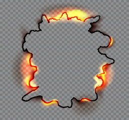Vector frame made of burnt paper with realistic smoldering edges and the effect of live fire. Design element for websites, social networks, advertising materials, games