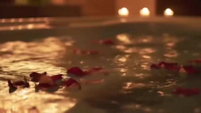 Romantic Spa Bath with Rose Petals. - Powered by Adobe