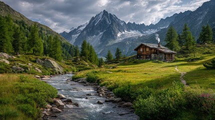 Cozy Wooden Cabin Nestled Among Majestic Mountains Surrounded by Lush Greenery and Clear Blue Sky Offering a Tranquil Escape into Nature and Serenity
