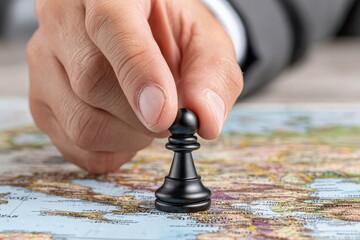 Hand placing black pawn on world map, suggesting strategic global move, domination.