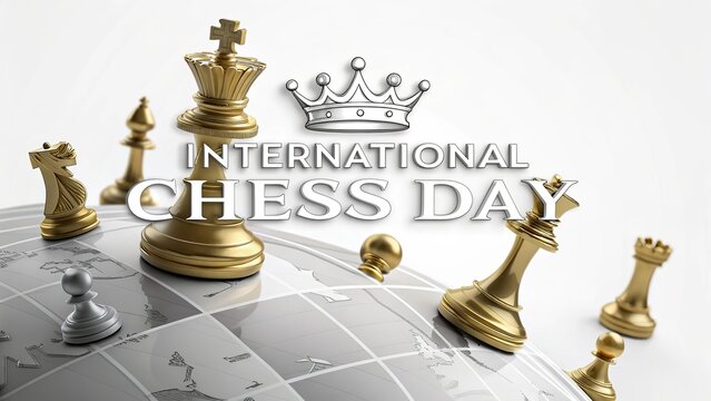 International Chess Day, Golden king stands victorious among fallen chess pieces, symbolizing triumph.
