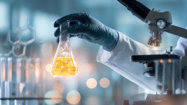The scientist holding a flask filled with orange liquid in a laboratory setting. - Powered by Adobe