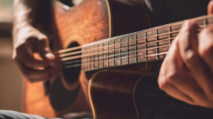 Fototapeta premium The musician skillfully playing the acoustic guitar in a cozy setting.