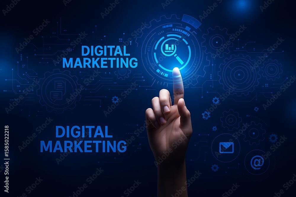 Poster hand interacting with a futuristic digital marketing interface featuring gears and data analysis ico