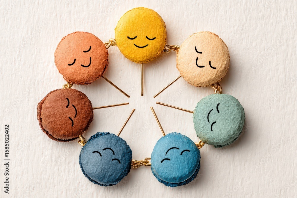 Poster delightful array of smiling macaron characters in pastel hues showcasing joyful expressions arranged