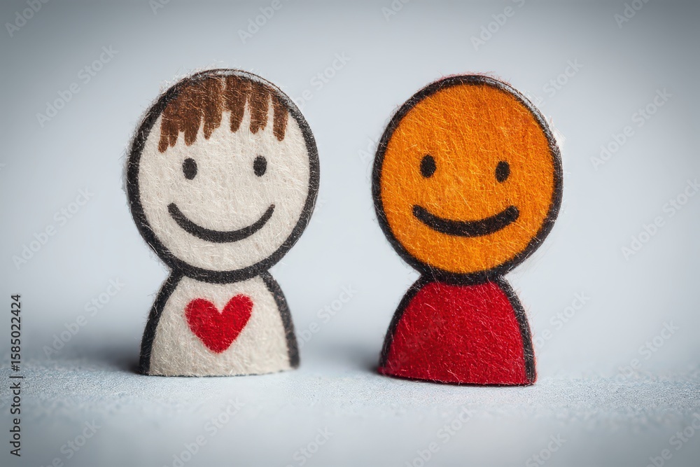 Poster two colorful felt characters representing friendship and connection with happy expressions defining 