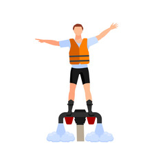 Hydro-flight Adventure: A man soars through the air above water, suspended by a jet-powered hydro-flyer, against a clear backdrop.