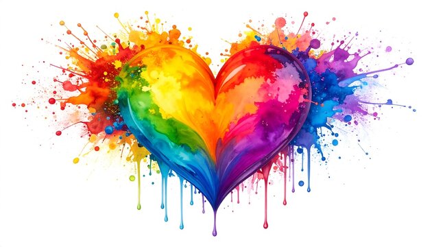 Vibrant rainbow heart with paint splatter