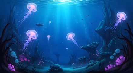 Fototapeta premium Enchanting Underwater Scene with Luminous Pink Jellyfish and Light Rays Through Water