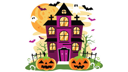 A spooky haunted house with pumpkins and bats under a full moon for halloween celebration night scene