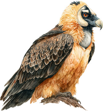Detailed watercolor illustration of a bearded vulture bird perched on a branch isolated on transparent background