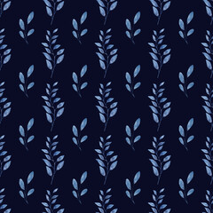 Seamless pattern with watercolor leaves navy blue, repeat floral texture, dark background hand drawing. Perfectly for wrapping paper, wallpaper, fabric, texture and other printing.