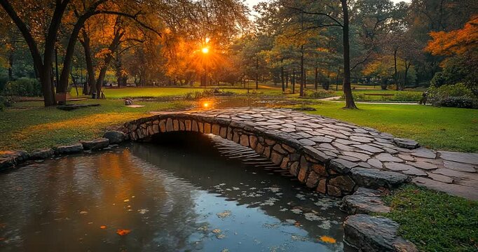 Scenic autumn park with stone bridge and sunset