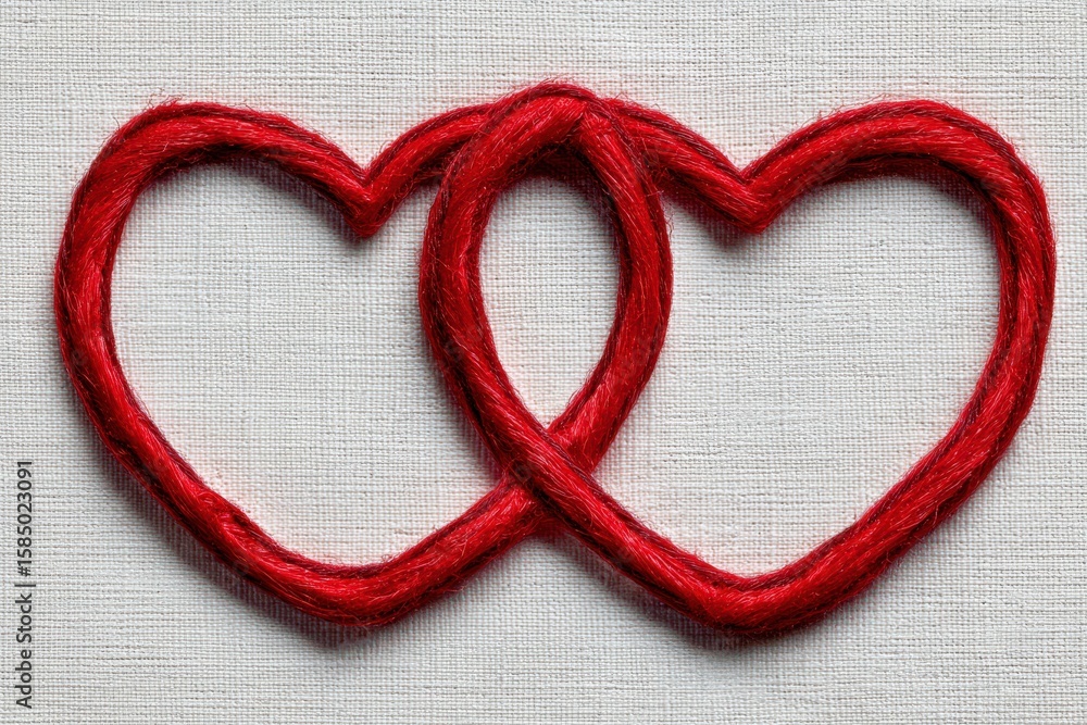 Poster two intertwined red heart shapes crafted from vibrant twine arranged elegantly on a textured fabric 