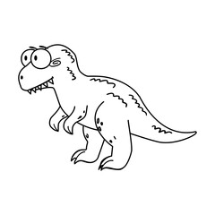 A cartoon dinosaur with a round body, short arms, and a large head. It has a playful expression and is drawn in a simple, black outline style.