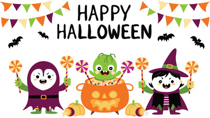 Naklejka premium Happy halloween illustration with cartoon characters, bats, pumpkins and colorful pennant banner above