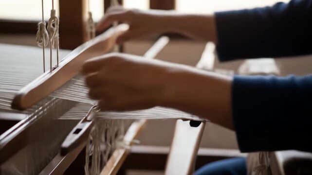 Hands weaving fabric on traditional loom close up view of textile production