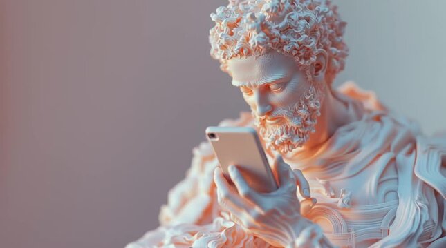 Classical Marble Statue Looking at Smartphone &mdash; Modern Technology Concept