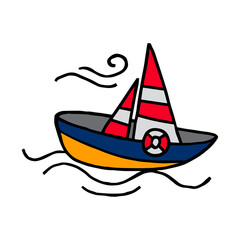 Sailing Boat Cartoon: A cheerful cartoon sailboat with red and white striped sails glides on blue water,  a whimsical illustration perfect for children's books or summer designs.