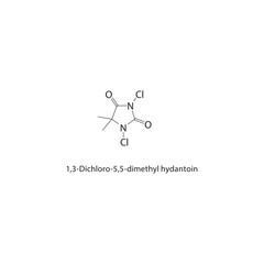 1,3-Dichloro-5,5-dimethylhydantoin skeletal structure. halogen imide compound schematic illustration. Simple diagram, chemical formula.