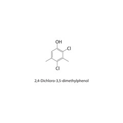 2,4-Dichloro-3,5-dimethylphenol skeletal structure. halogen phenol compound schematic illustration. Simple diagram, chemical formula.
