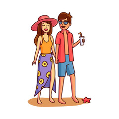 Happy Couple Beach Vacation: A cheerful couple, hand-in-hand, enjoying a summer beach vacation. The woman wears a vibrant maxi skirt and sun hat; the man sports sunglasses and a red shirt.