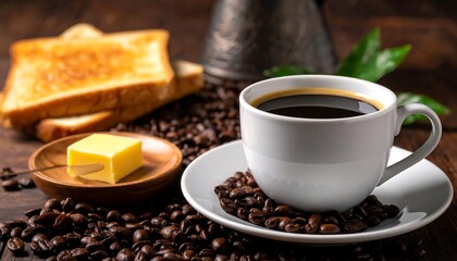 Fototapeta premium Fresh Costa Rican coffee and toast, warm mood shot