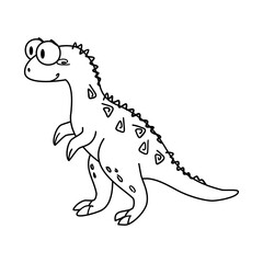 A cartoon dinosaur with a round head, large eyes, and small arms. It has a spiky back and a long tail, depicted in a simple black and white style.