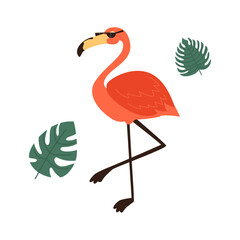 Cool Flamingo's Tropical Getaway: A vibrant flamingo, sporting stylish sunglasses, strikes a pose against a backdrop of lush green tropical leaves, epitomizing the essence of a carefree getaway.