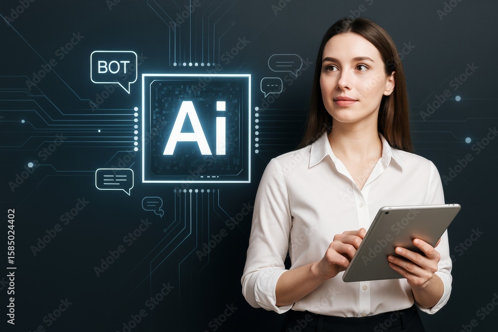 Poster woman using digital tablet with ai interface and futuristic tech elements on dark background, symbol