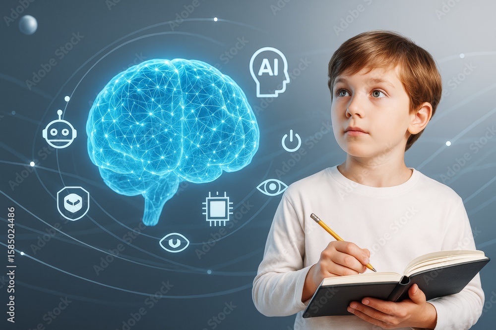 Poster child thinking about artificial intelligence with glowing brain and tech icons on abstract backgroun