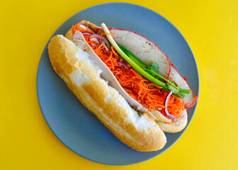 A Vietnamese style roll with salad on a plate. 