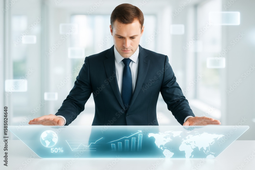 Poster businessman interacting with futuristic digital interface showing data charts and global map in mode