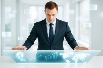 Businessman interacting with futuristic digital interface showing data charts and global map in modern tech office background with glowing light effects.